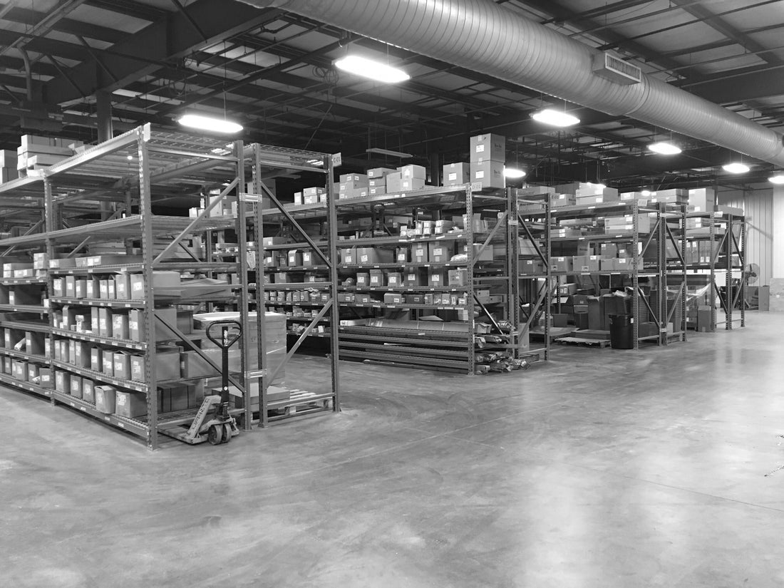 Racking stacked with boxed fasteners in the Jasper Industrial Supply warehouse in Jasper, Indiana