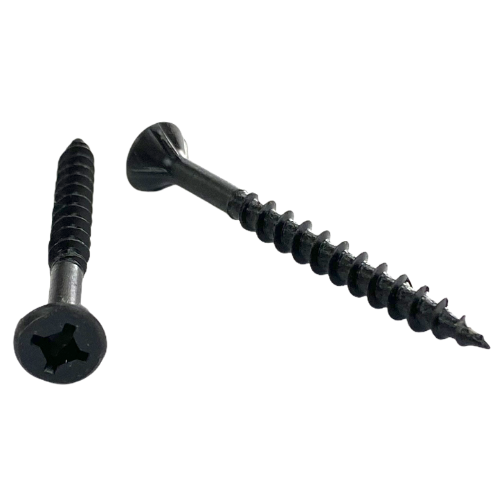 #8 x 2 inch cabinet screw - quadrex drive, flat with nibs head, deep thread, type 17 point, black phosphate finish