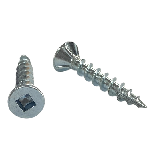 #8 x 1 inch cabinet screw - square drive, flat with nibs head, deep thread, type 17 point, zinc finish