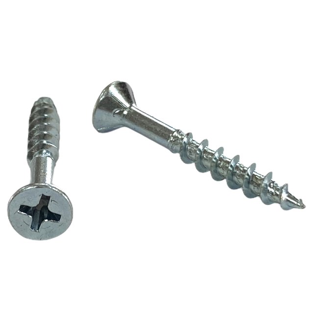#8 x 1 1/4 inch cabinet screw - phillips drive, flat with nibs head, deep thread, sharp point, zinc finish