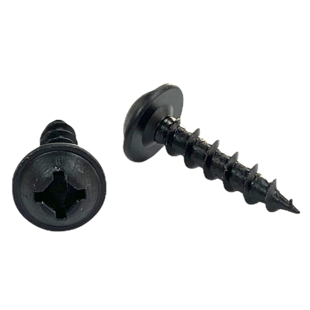 #10 x 5/8 inch cabinet screw - quadrex drive, round washer head, deep thread, sharp point, black phosphate finish