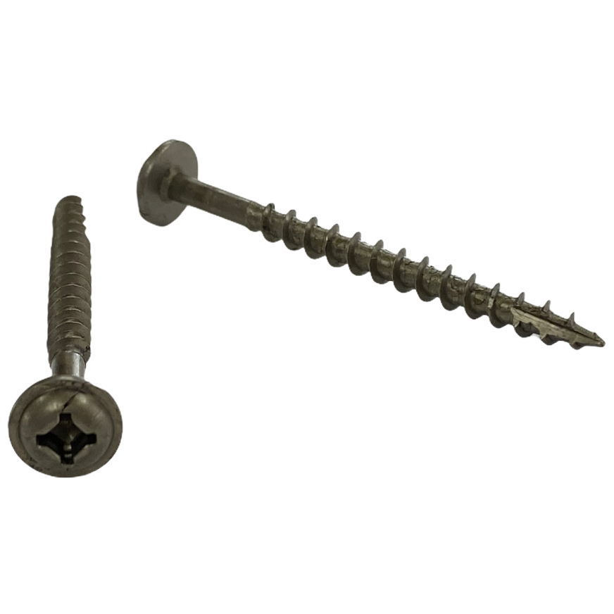 #8 x 2 inch cabinet screw - quadrex drive, round washer head, deep thread, type 17 point, dry lube / plain finish